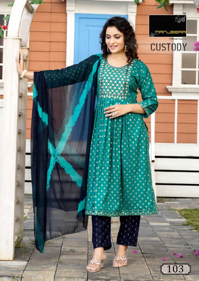 Custody By Manjeera Naira Cut Kurti With Bottom Dupatta Catalog
